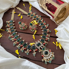 Green AD Stone Long Neckpiece-Coral-Aqua Green Beads-Pearls-G14115