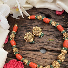Vriksham Sharvani Temple Elegance With Coral & Emerald Accents Bead Neckpiece-G20641