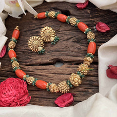 Vriksham Sharvani Temple Elegance With Coral & Emerald Accents Bead Neckpiece-G20641