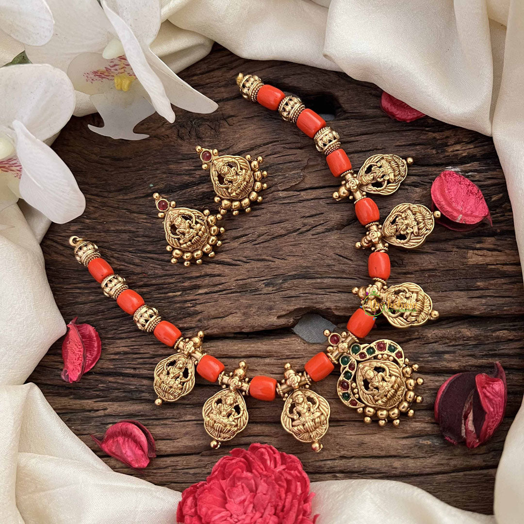 Vriksham Goddess Glow Temple Lakshmi Pendant Coin With Coral Bead Neckpiece-G20640