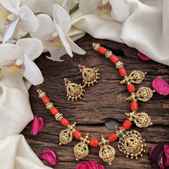 Vriksham Goddess Glow Temple Lakshmi Pendant Coin With Coral Bead Neckpiece-G20640