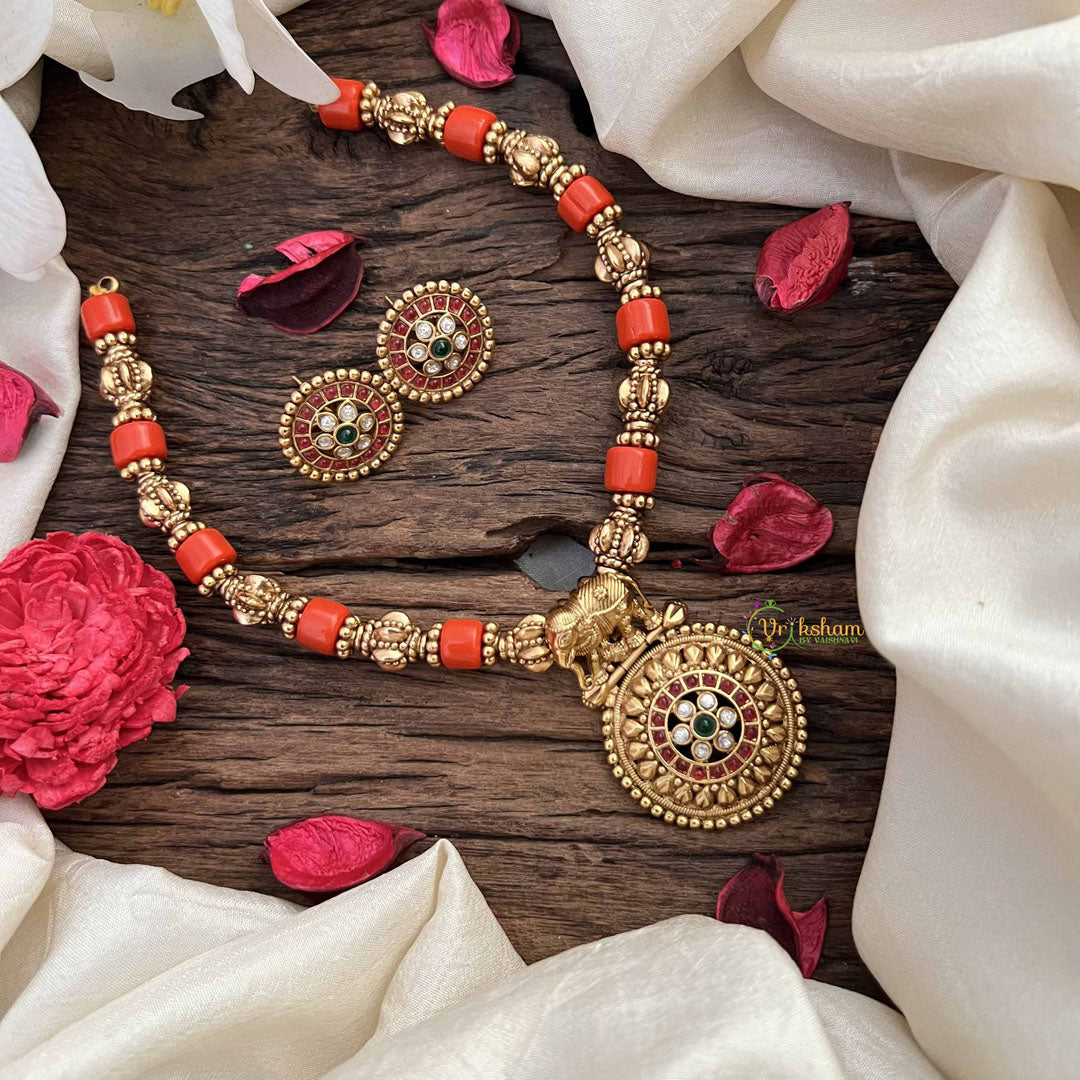 Vriksham Elephant Golden Grace & Floral pendant Temple & Coral Bead Neckpiece-G20642