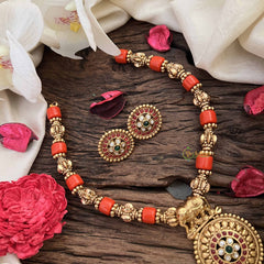 Vriksham Elephant Golden Grace & Floral pendant Temple & Coral Bead Neckpiece-G20642