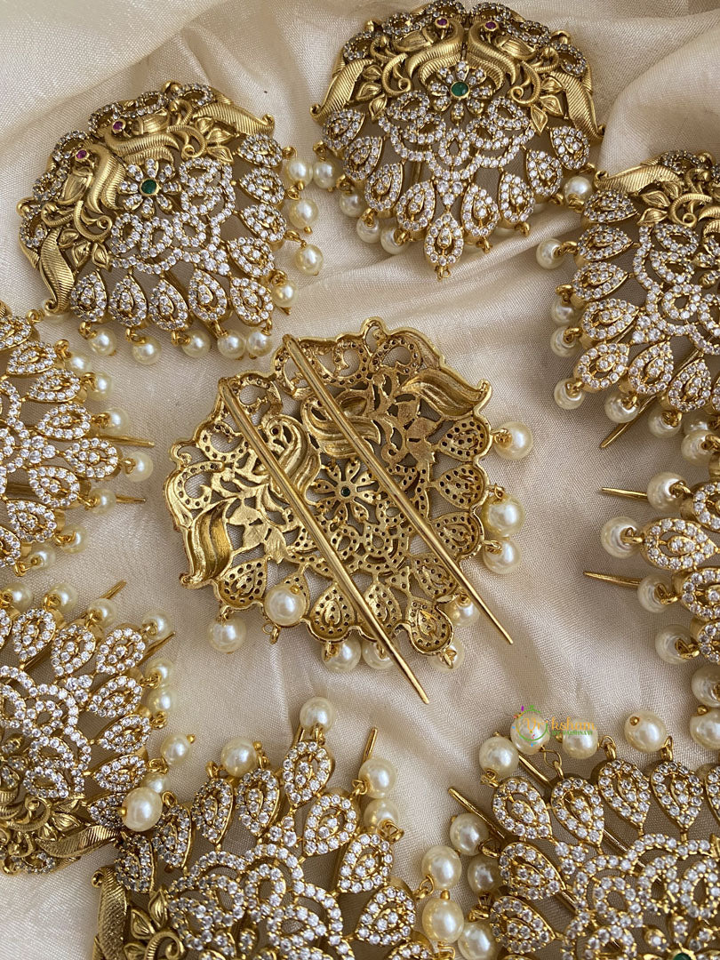 Gold Alike AD Stone Dual Peacock Jada Billai with Beads - G11438