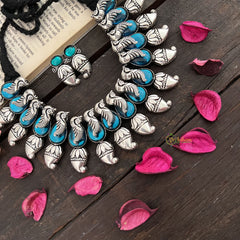 Vriksham Aqua Blue Parrot Motif Oxidized Necklace Set With Antique Finish Neckpiece-S953