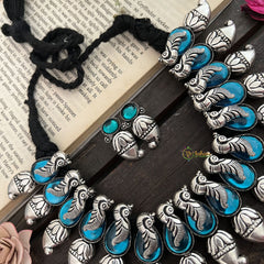 Vriksham Aqua Blue Parrot Motif Oxidized Necklace Set With Antique Finish Neckpiece-S953