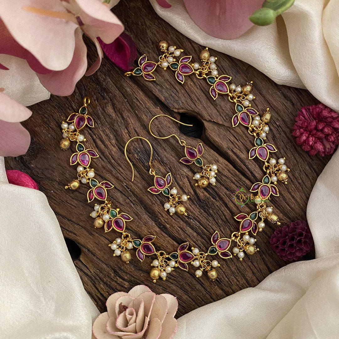 Vriksham Premium AD Stone Lotus Short Neckpiece-Red Green-G15914