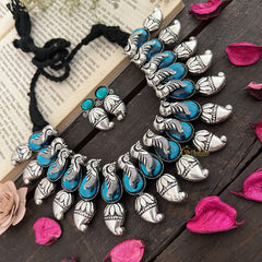 Vriksham Aqua Blue Parrot Motif Oxidized Necklace Set With Antique Finish Neckpiece-S953