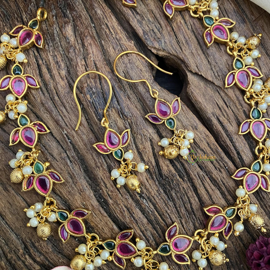 Vriksham Premium AD Stone Lotus Short Neckpiece-Red Green-G15914