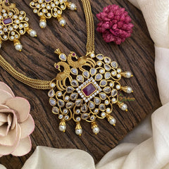 Vriksham Premium Dual Peacock AD Stone Short Neckpiece-Red-G15915