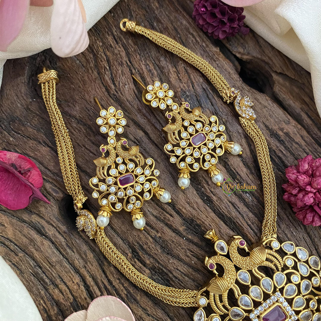 Vriksham Premium Dual Peacock AD Stone Short Neckpiece-Red-G15915