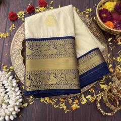 Vriksham Ivory With Blue-Gold Zari Peacock Vangi Kanchi Silk Saree-VS4764
