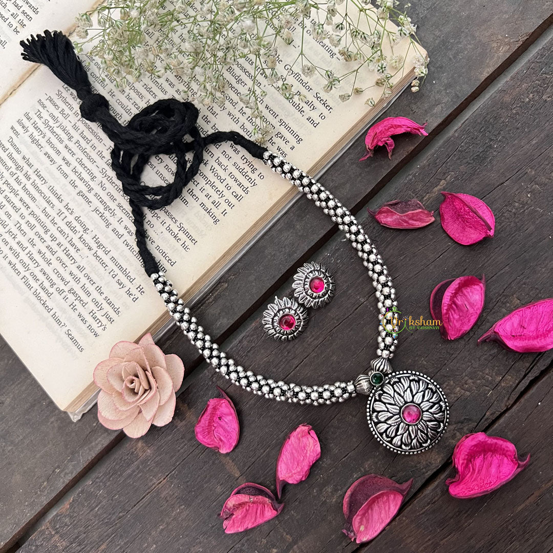 Vriksham Oxidized Silver Kolhapur Style With Pink Stone Sunflower Pendant Neckpiece-Red-S939