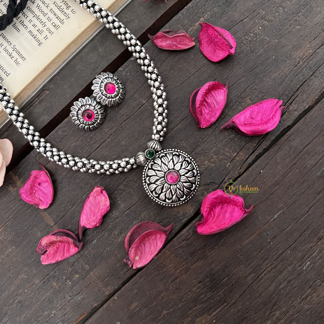 Vriksham Oxidized Silver Kolhapur Style With Pink Stone Sunflower Pendant Neckpiece-Red-S939