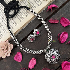 Vriksham Oxidized Silver Kolhapur Style With Pink Stone Sunflower Pendant Neckpiece-Red-S939