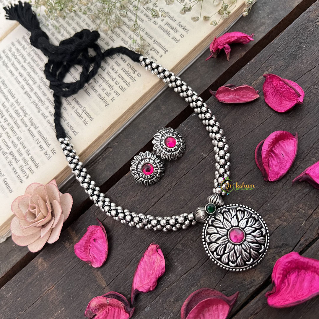 Vriksham Oxidized Silver Kolhapur Style With Pink Stone Sunflower Pendant Neckpiece-Red-S939