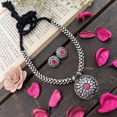 Vriksham Oxidized Silver Kolhapur Style With Pink Stone Sunflower Pendant Neckpiece-Red-S939