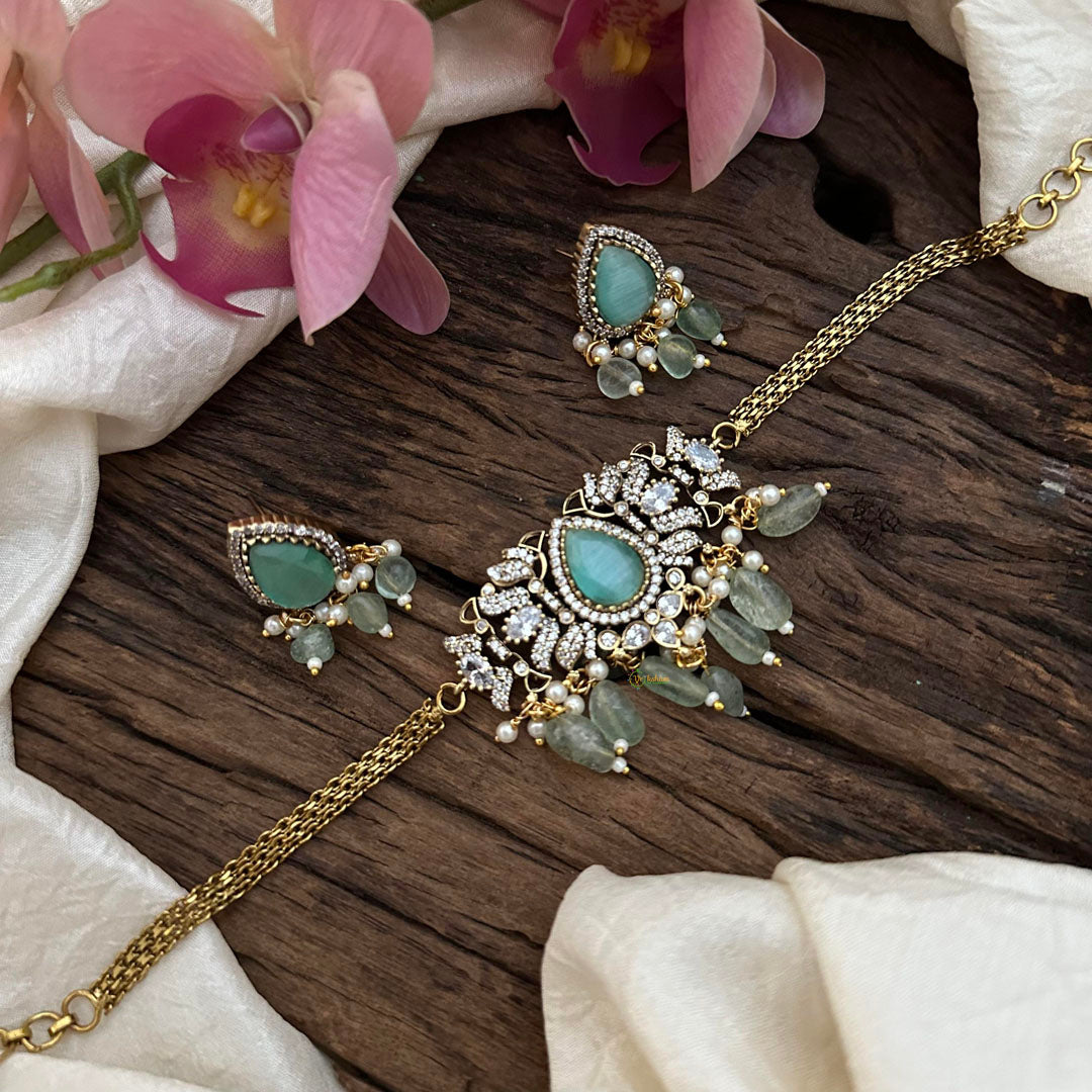 Simple Victorian Diamond Choker-Aqua Green Beads-Tilak-VV1631