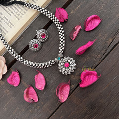 Vriksham Floral Bloom Oxidized Silver & Black Beaded Neckpiece-Red-S941