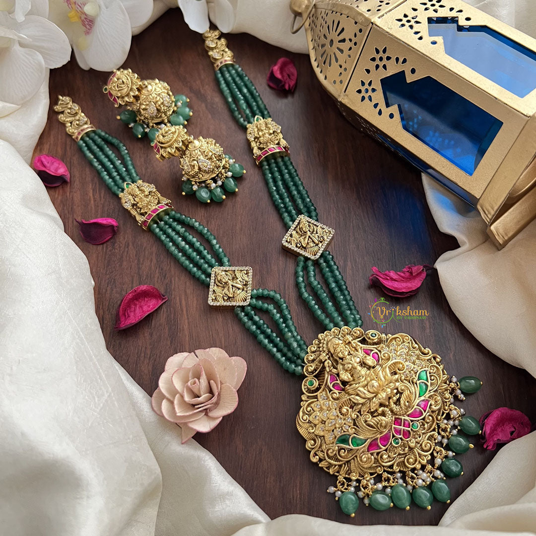 Vriksham Lakshmi Pendant Green Beaded Mala Jadau Long Neckpiece-Green Bead-J2996