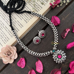 Vriksham Floral Bloom Oxidized Silver & Black Beaded Neckpiece-Red-S941