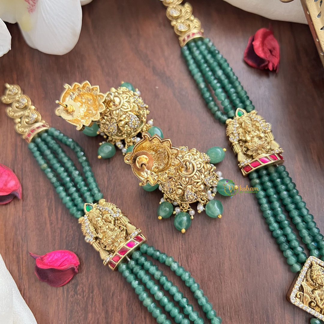 Vriksham Lakshmi Pendant Green Beaded Mala Jadau Long Neckpiece-Green Bead-J2996