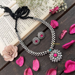Vriksham Floral Bloom Oxidized Silver & Black Beaded Neckpiece-Red-S941