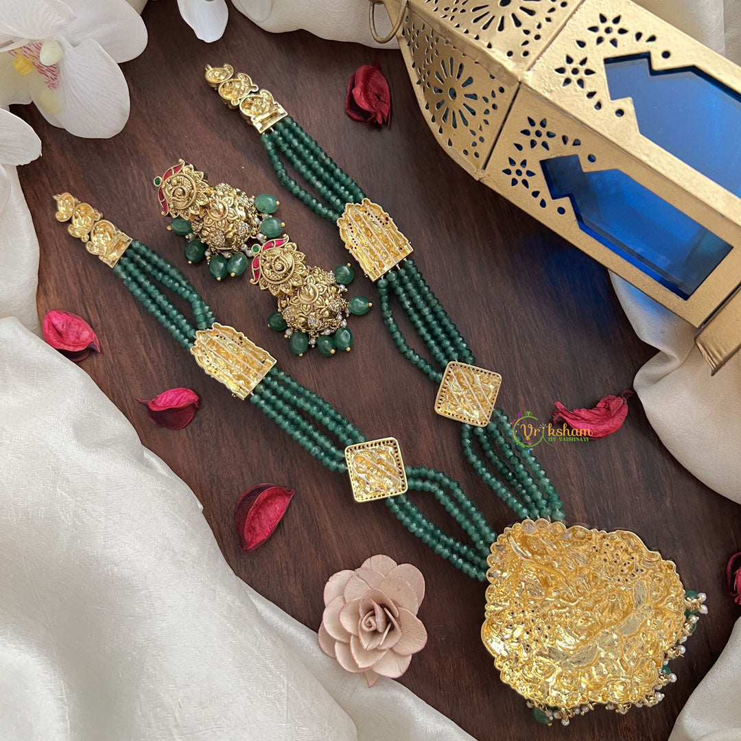 Vriksham Lakshmi Pendant Green Beaded Mala Jadau Long Neckpiece-Green Bead-J2996