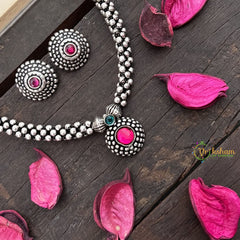Vriksham Elegant Oxidized Silver Beaded Necklace with Pink Stone Pendant Neckpiece-Red-S940