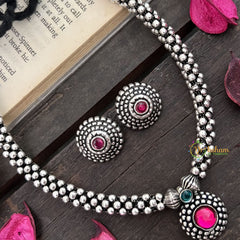 Vriksham Elegant Oxidized Silver Beaded Necklace with Pink Stone Pendant Neckpiece-Red-S940