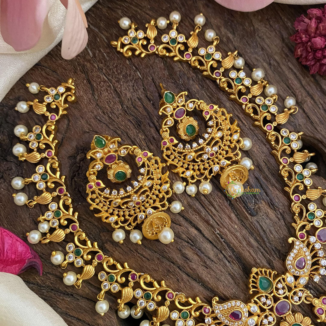 Vriksham Gold Look Alike Short Neckpiece-Red Green-Pearl-G15917