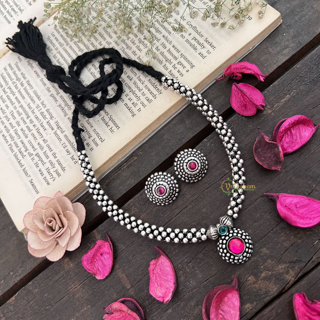 Vriksham Elegant Oxidized Silver Beaded Necklace with Pink Stone Pendant Neckpiece-Red-S940