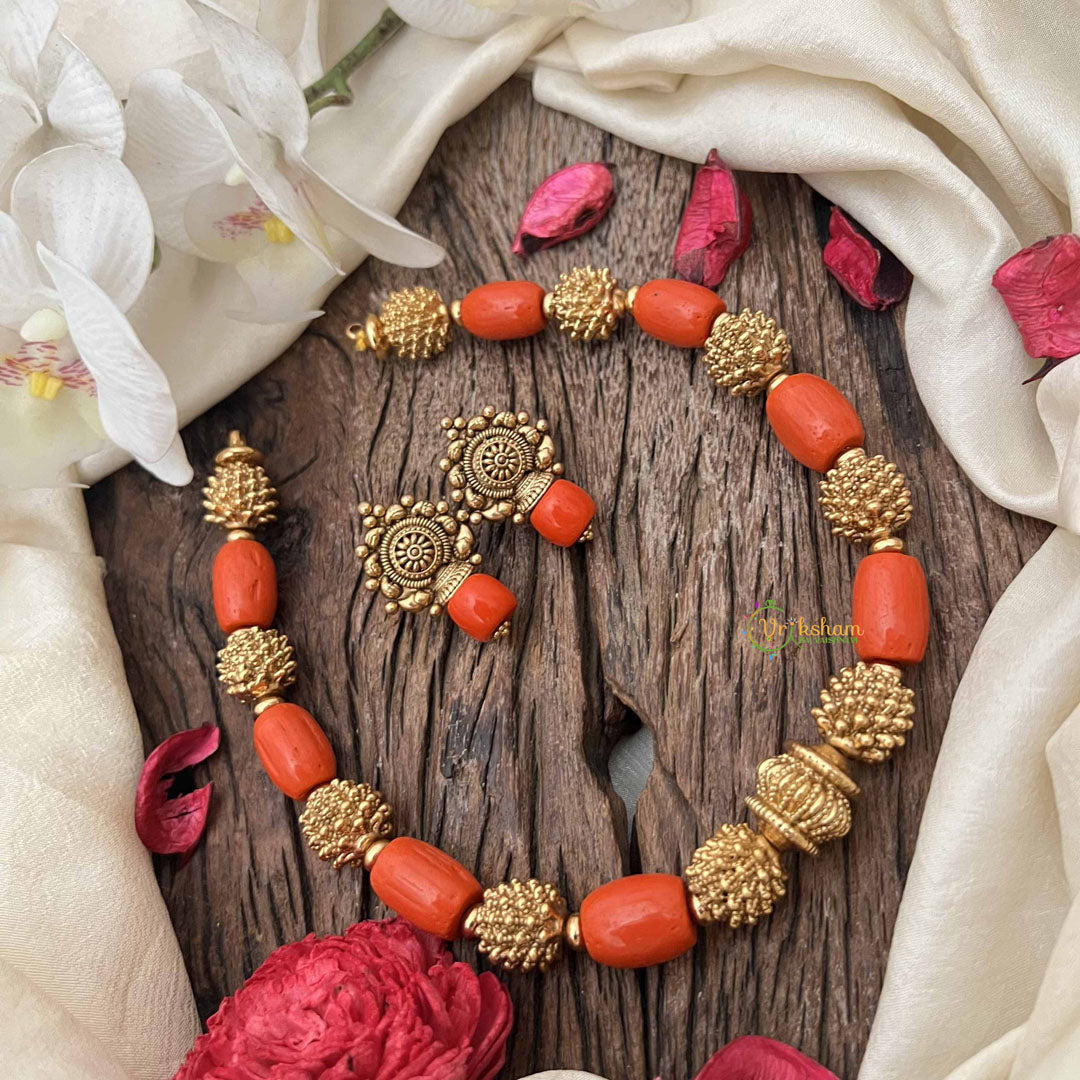 Vriksham Divine Nakshi Gold Look Style Coral Beaded Neckpiece-G20673