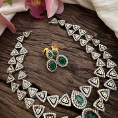 Premium 2 Layer Victorian Diamond Short Neckpiece-Green-VV1629