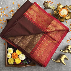 Double shaded Maroon Kanchi Cotton Saree with Golden Border - Handloom - VS3684