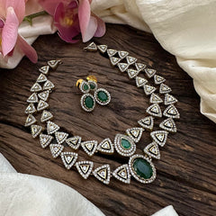 Premium 2 Layer Victorian Diamond Short Neckpiece-Green-VV1629