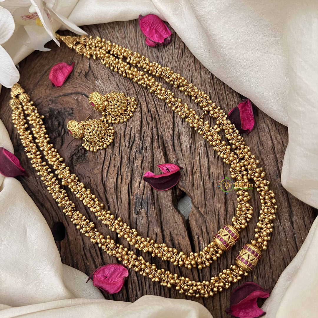 Vriksham Double Layer Antique Gold Beaded Neckpiece-Red-G20650