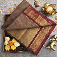 Soft Brown Kanchi Cotton Saree with Golden Border - Handloom - VS3705