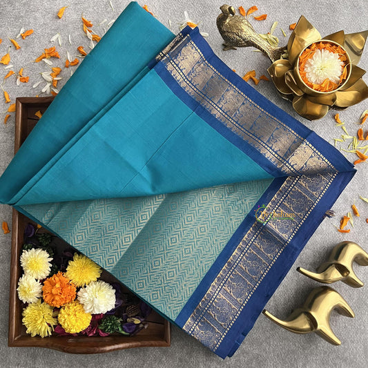 Light Blue Kanchi Cotton Saree with Golden Border - Handloom - VS3689