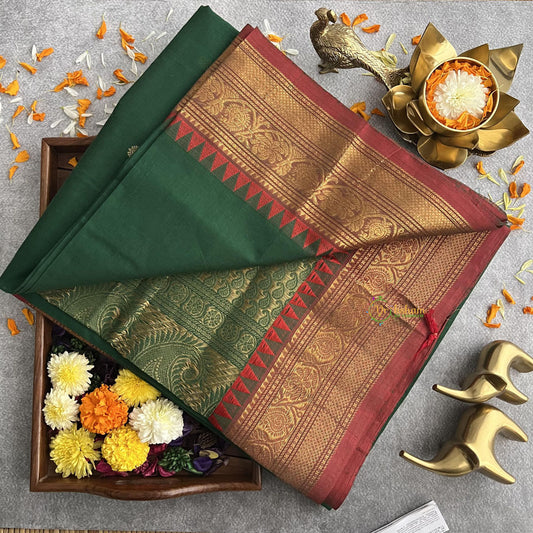 Dark Green Kanchi Cotton Saree with Golden Border - Handloom - VS3680