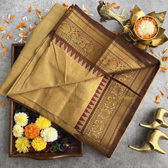 Golden Brown Kanchi Cotton Saree with Golden Border - Handloom - VS3707