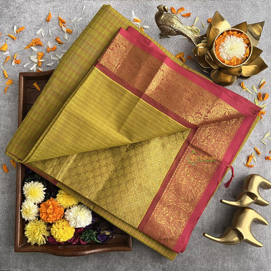 Light Olive Green Kanchi Cotton Saree with Golden Border - Handloom - VS3687