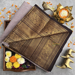 Elegant Grey Kanchi Cotton Saree with Thick Golden Border - Handloom - VS3702