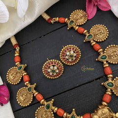 Vriksham Lakshmi Coin Beaded Neckpiece-Coral-Elephant-G17039