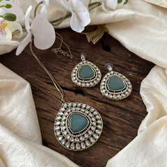 Trendy Kundan Pendant Neckpiece-Aqua Blue-G14218