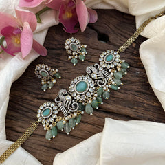 Designer Victorian Diamond Mayil with Flower Choker- Aqua Green Beads-VV1638