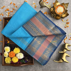 Light Blue Kanchi Cotton Saree only without Blouse- Handloom -VS1820