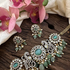 Designer Victorian Diamond Mayil with Flower Choker- Aqua Green Beads-VV1638