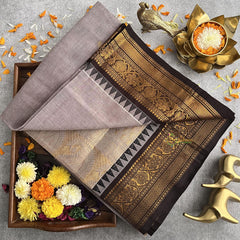 Graceful Grey Kanchi Cotton Saree with Golden Border - Handloom - VS3692