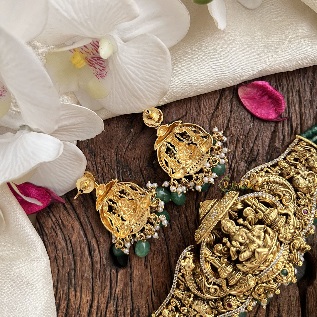 Vriksham Five Layer Jadau Kundan Lakshmi High Neck Choker-Green Bead-J3003